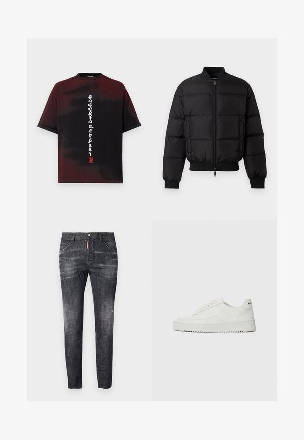 Črn puhovka z zadrgo spredaj, ribanim zaključkom rokavov in spodnjim robom. Ima kvadratno zasnovo in tonalne oznake na levem žepu.; Črna in temno rdeča majica s kratkimi rokavi, potiskana s tye-dye vzorcem, z belim navpičnim stiliziranim azijskim besedilom in majhnim rdečim žigom na sredini spredaj.; Temno sivi denim kavbojke s ožjim krojem, rahlim bledenjem, obrabljenimi oznakami na stegnih, petimi žepi in kontrastnim rdečim oznako.; Bela usnjena športna obutev z gladko površino, okroglo prst, ravne vezalke in teksturiran podplat. Ima diskretno logo na peti.