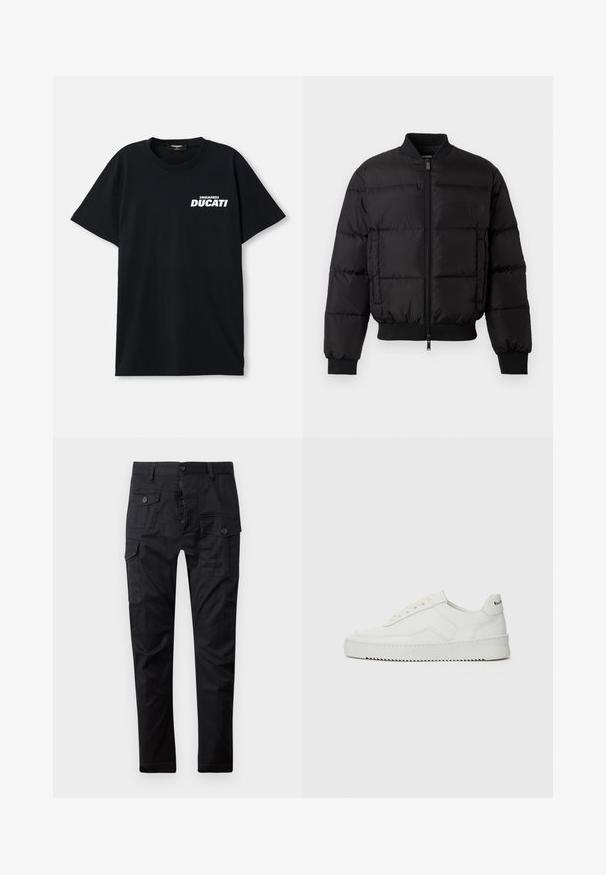Jachetă puffer neagră cu închidere prin fermoar în față, manșete și tiv ribbate. Prezintă un design matlasat și branding tonal pe buzunarul stâng de la piept.; Tricou negru din bumbac cu mânecă scurtă, având un logo alb "DSQUARED2 DUCATI" pe partea stângă a frontului. Design cu guler rotund.; Pantaloni cargo negri dintr-un material durabil, dotati cu multiple buzunare, fermoar cu nasture si un design cu picioare drepte. Textură netedă și finisaj mat.; Sneakers din piele albă cu un finisaj neted, vârf rotund, șireturi plate și o talpă texturată. Prezintă un logo subtil pe călcâi.