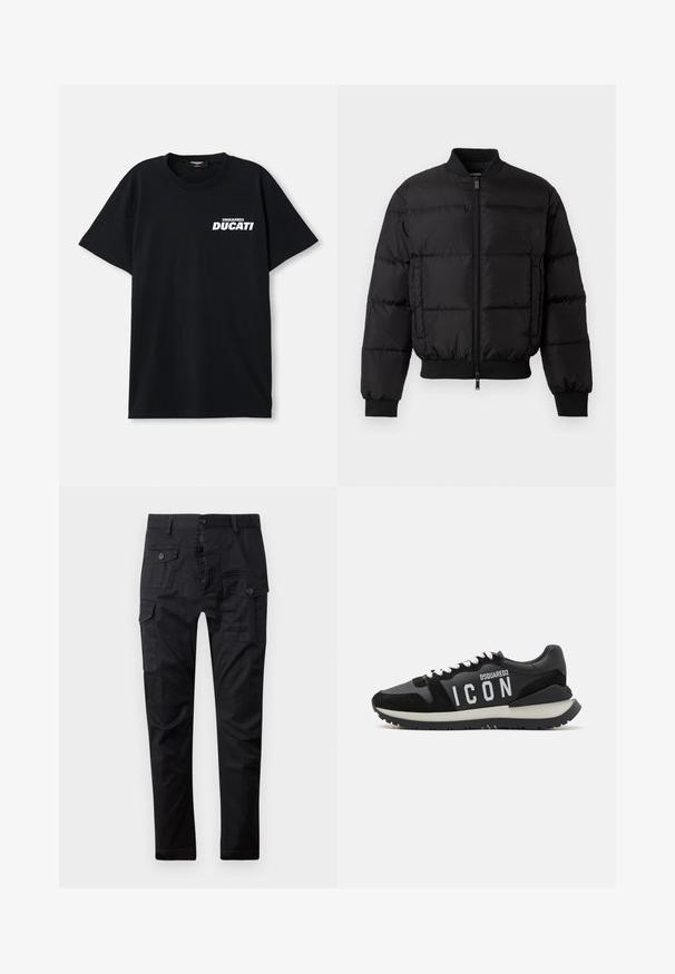 Sort pufferjakke med lynlås foran, ribbede manchetter og kant. Har en quiltet design og tonal branding på venstre brystlomme.; Sort bomulds T-shirt med korte ærmer, der har et hvidt "DSQUARED2 DUCATI" logo på venstre forsiden. Rund halsudskæring.; Sorte cargo bukser lavet af slidstærkt stof, med flere lommer, knaplukning og lige ben-design. Glat tekstur og mat finish.; Sorte sneakers lavet af læder og ruskind, med et hvidt "ICON"-logo og kontrasterende sort sål. Snørerne er hvide; designet er sporty.
