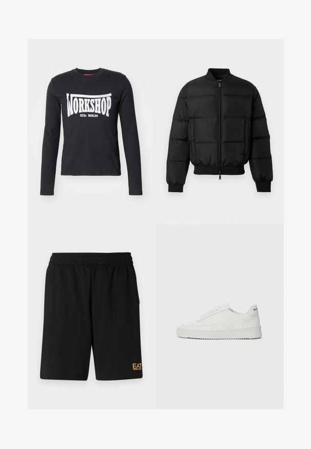 Black puffer jacket with a zip front, ribbed cuffs, and hem. Features a quilted design and tonal branding on the left chest pocket.; Black long-sleeve T-shirt made of cotton, featuring a large white "WORKSHOP 032c BERLIN" graphic across the front. Smooth texture, crew neck.; Black athletic shorts made of soft fabric,Featuring an elastic waistband and a small yellow EA7 logo on the lower left leg.; White leather sneaker with a smooth finish, round toe, flat laces, and a textured sole. Features a subtle logo on the heel.