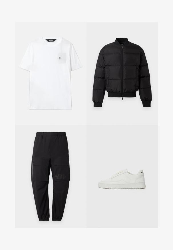 Mustmust mustroheline jakk, millel on lukuga esiosa, soonikust mansetid ja alläär. Omab tepitud disaini ja ühtlast brändimist vasakul rinnataskul.; Valge puuvillane t-särk lühikeste varrukatega, ümar kaelus, väike rinna tasku ja taskul broderitud logo aktsent.; Mustad musträbiv püksid elastse vöökohtaga, millel on mitmed küljetaskud, tõmblukk ja diskreetne trükitud logo reie peal.; Valge nahast tennis, millel on sile põhi, ümar varvas, lamedad nöörid ja tekstuuriline tall. Sisaldab diskreetset logo kontsaribal.