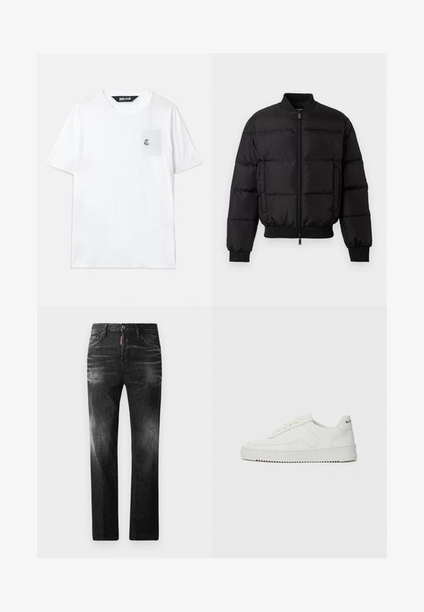 Giacca a spettro nera con zip frontale, polsini e orlo a costine. Presenta un design trapuntato e un logo tono su tono sulla tasca sinistra del petto.; T-shirt bianca in cotone con maniche corte, collo rotondo, taschino sul petto e logo ricamato in evidenza sulla tasca.; Jeans in denim nero con vestibilità dritta. Presentano aree sbiadite, leggeri segni di usura, classico design a cinque tasche e chiusura con bottone.; Sneaker in pelle bianca con una finitura liscia, punta rotonda, lacci piatti e suola testurizzata. Presenta un logo discreto sul tallone.