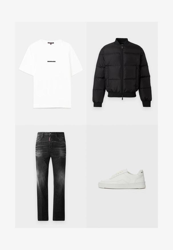 Sort pufferjakke med lynlås foran, ribbede manchetter og kant. Har en quiltet design og tonal branding på venstre brystlomme.; Hvid bomulds t-shirt med en afslappet pasform, der har kortærmer og et sort "MICHAEL KORS" logo trykt hen over midten.; Sorte denim jeans med lige pasform. Har falmede områder, mindre slid, klassisk fem-lommer design og knaplukning.; Hvide lædersneakers med en glat overflade, rund tå, flade snørebånd og en tekstureret sål. Har et diskret logo på hælen.
