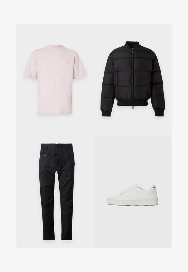 Mustat paksut takit, joissa on vetoketju edessä, ribatut hihansuut ja helma. Ominaisuuksiin kuuluu tikattu muotoilu ja sävyyn sopiva logo vasemmassa rintataskussa.; Vaaleanpunainen puuvillainen T-paita, jossa on lyhyet hihat, pyöreä kaula-aukko ja etuosassa valkoisella painettu "NoProblemo"-teksti.; Mustat farmarit, jotka on valmistettu kestävästä kankaasta. Niissä on useita taskuja, nappisulku ja suora lahkeiden muotoilu. Sileä pinta ja matta viimeistely.; Valkoinen nahkakenkä, jossa on sileä pinta, pyöreä kärki, tasaiset nauhat ja teksturoitu pohja. Sisältää huomaamattoman logon kantapäässä.