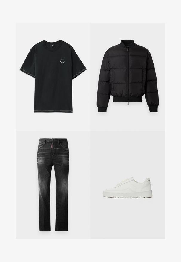 Juodas pūkinis švarkas su užtrauktuku priekyje, su guma rankogaliuose ir priekyje. Yra siuvinėtas dizainas ir toninis logotipas kairėje krūtinės kišenėje.; Juoda medvilninė marškinė, turinti trumpas rankoves, apvalią iškirptę ir baltas siuvimo detales. Įtrauktas nedidelis grafikas krūtinėje.; Juodi džinsai su tiesiu kirpimu. Spalvoti svyrantys plotai, šiek tiek sugadinti, klasikinis penkių kišenių dizainas ir mygtuko uždarymas.; Balti odiniai sportiniai bateliai su lygia apdaila, apvaliu pirštu, plokščiais raišteliais ir tekstūruotu padu. Pasižymi subtiliu logotipu ant kulno.