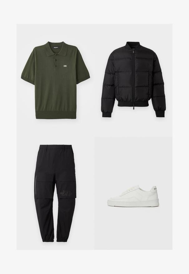 Mustmust mustroheline jakk, millel on lukuga esiosa, soonikust mansetid ja alläär. Omab tepitud disaini ja ühtlast brändimist vasakul rinnataskul.; Tume roheline polo särk, mis on valmistatud kudumisest. Särgil on klassikaline krae, kolm nuppu, lühikesed varrukad ja rindkere peal väike "D2" logo.; Mustad musträbiv püksid elastse vöökohtaga, millel on mitmed küljetaskud, tõmblukk ja diskreetne trükitud logo reie peal.; Valge nahast tennis, millel on sile põhi, ümar varvas, lamedad nöörid ja tekstuuriline tall. Sisaldab diskreetset logo kontsaribal.