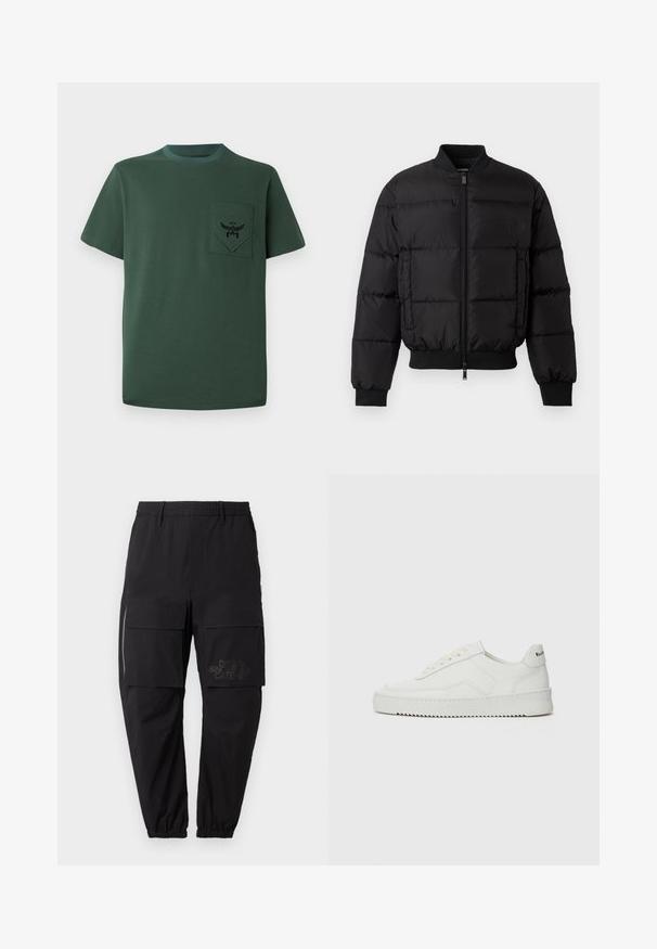 Mustat paksut takit, joissa on vetoketju edessä, ribatut hihansuut ja helma. Ominaisuuksiin kuuluu tikattu muotoilu ja sävyyn sopiva logo vasemmassa rintataskussa.; Vihreä lyhythihainen t-paita, joka on valmistettu puuvillasta. T-paidassa on tasku mustalla brodeeratulla logolla ja erottuva kaula-aukko. Yksinkertainen muotoilu saumattomilla reunoilla.; Mustat cargo-housut elastisella vyötärönauhalla, joissa on useita sivutaskuja, vetoketjuyksityiskohta ja hillitty painatus lahkeessa.; Valkoinen nahkakenkä, jossa on sileä pinta, pyöreä kärki, tasaiset nauhat ja teksturoitu pohja. Sisältää huomaamattoman logon kantapäässä.