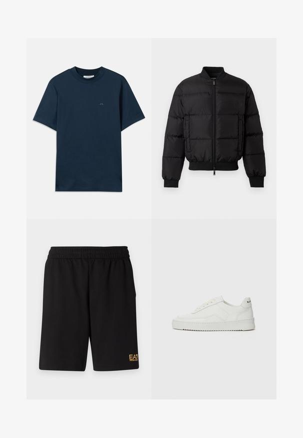 Čierna páperová bunda so zipsom vpredu, rebrovanými manžetami a lemom. Má prešívaný dizajn a tónové branding na ľavom prednom vrecku.; Námornícka modrá bavlnená tričko s okrúhlym výstrihom, krátkymi rukávmi a jemným logom potlačeným na hrudi. Hladká textúra a klasický strih.; Čierne športové šortky vyrobené z jemného materiálu, s elastickým pásom a malým žltým logom EA7 na dolnej ľavej nohe.; Biele kožené tenisky s hladkým povrchom, okrúly špičkový dizajn, ploché šnúrky a textúrovaná podrážka. Obsahujú jemné logo na päte.
