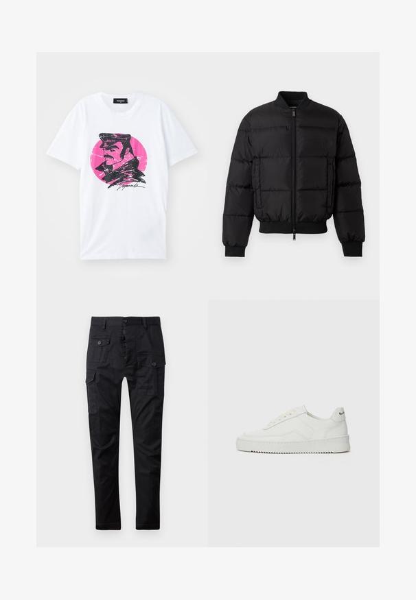 Black puffer jacket with a zip front, ribbed cuffs, and hem. Features a quilted design and tonal branding on the left chest pocket.; White cotton T-shirt featuring a black graphic illustration of a man in a cap against a pink circular background with a distressed effect.; Black cargo pants made of durable fabric, featuring multiple pockets, a button fly, and a straight leg design. Smooth texture and matte finish.; White leather sneaker with a smooth finish, round toe, flat laces, and a textured sole. Features a subtle logo on the heel.