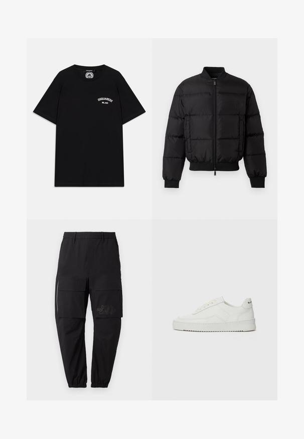 Black puffer jacket with a zip front, ribbed cuffs, and hem. Features a quilted design and tonal branding on the left chest pocket.; Black cotton T-shirt with short sleeves, featuring white "DSQUARED2 MILANO" logo on the chest. Crew neck design, smooth texture.; Black cargo pants with an elastic waistband, featuring multiple side pockets, a zipper detail, and a subtle printed logo on the thigh.; White leather sneaker with a smooth finish, round toe, flat laces, and a textured sole. Features a subtle logo on the heel.
