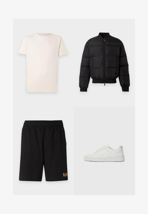 Black puffer jacket with a zip front, ribbed cuffs, and hem. Features a quilted design and tonal branding on the left chest pocket.; Short-sleeve beige T-shirt made of soft cotton, featuring a round neckline and a relaxed fit. Subtle texture with minimal detailing.; Black athletic shorts made of soft fabric,Featuring an elastic waistband and a small yellow EA7 logo on the lower left leg.; White leather sneaker with a smooth finish, round toe, flat laces, and a textured sole. Features a subtle logo on the heel.