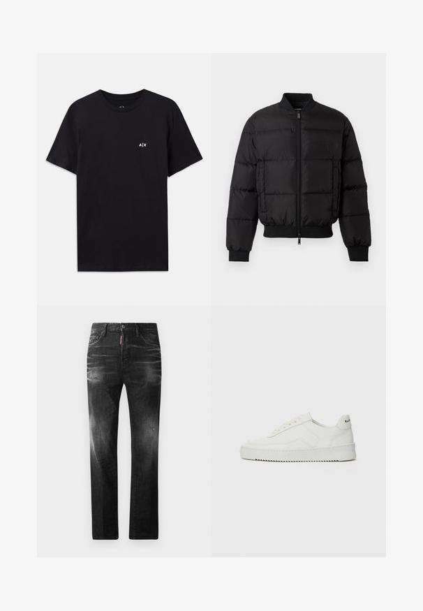 Černá plněná bunda s předním zipem, žebrovanými manžetami a lemem. Disponuje prošívaným designem a tónovým brandingem na levé náprsní kapse.; Černé bavlněné tričko s krátkým rukávem a kulatým výstřihem, na levé části hrudi s malým bílým logem "A|X". Hladký povrch.; Černé džíny z denimu se rovnými nohavicemi. Obsahují vybledlé oblasti, drobné poškození, klasický pětikapsový design a zapínání na knoflík.; Bílé kožené tenisky s hladkým povrchem, kulatou špičkou, plochými tkaničkami a texturovanou podrážkou. Na patě se nachází nenápadné logo.