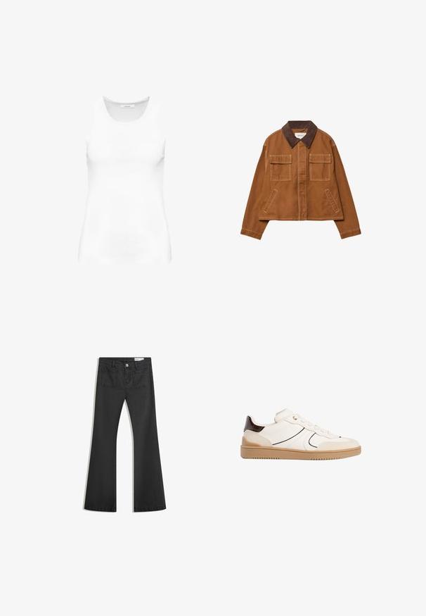 Giacca in cotone marrone con colletto in velluto a coste, due tasche frontali e design corto. Cuciture a contrasto lungo le cuciture.; Top senza maniche bianco realizzato in un tessuto liscio ed elasticizzato. Presenta una texture a coste e un collo rotondo. Design minimalista senza decorazioni.; Jeans neri a campana realizzati in denim con una texture liscia, dotati di due tasche posteriori e chiusura con bottone in vita.; Stradivarius Sneakers basse - white