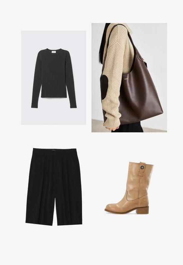 Braune Baumwolljacke mit einem Cordkragen, zwei Fronttaschen und einem cropped Design. Kontrastnähte entlang der Nähte.; Schwarzes Langarmshirt aus glattem, elastischem Stoff. Verfügt über einen runden Ausschnitt und einen geraden Schnitt, ohne sichtbare Muster oder Verzierungen.; Braunes Hemd mit Knöpfen, klassischem Kragen, langen Ärmeln und geradem Schnitt. Weicher Stoff und minimalistisches Design ohne Muster.; Schwarze, plissierte Shorts aus einem glatten Stoff, mit seitlichen Taschen und geradem Schnitt, in mittellanger Länge bis zur Oberschenkelmitte.; Braune Leder-Ankle-Boots mit runder Zehenpartie, niedrigem Stacked-Heel, seitlicher Naht und Druckknopfdetail am Schaft. Glatte Textur.; Braune Leder-Umhängetasche mit geräumigem Design. Verfügt über eine glatte Textur und ein dezentes Goldenes Logo. Kombiniert mit einem cremefarbenen Strickpullover.