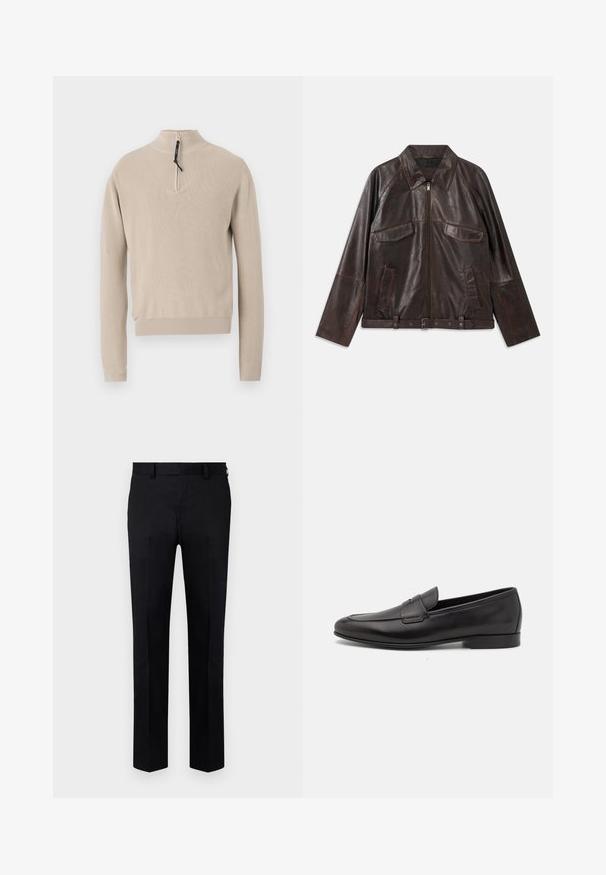 Dark brown leather jacket with front zipper, two chest flap pockets, two side pockets, collar, long sleeves, and adjustable waist belt.; Beige knitted sweater with a half-zip collar, ribbed texture, and long sleeves. V-shaped design at the neck and simple finish.; Black trousers made of smooth fabric, featuring a straight-leg design, front crease, and belt loops at the waist. No visible patterns or accents.; Black leather men's loafer with a low heel and a classic penny strap design, shown in side profile on a white background.