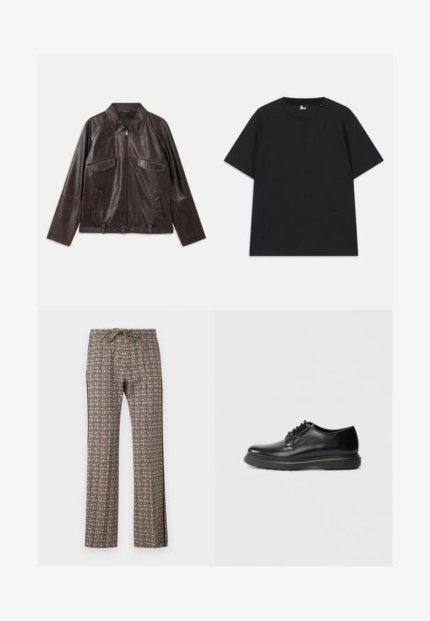 Giubbotto in pelle marrone scuro con zip frontale, due tasche a patta sul petto, due tasche laterali, colletto, maniche lunghe e cintura in vita regolabile.; T-shirt nera a maniche corte in cotone, con scollo rotondo e un piccolo logo vicino all'orlo. Tessuto liscio, vestibilità regolare.; Pantaloni larghi a righe con vita regolabile. Presentano un motivo a griglia nei colori rosa, nero, bianco e verde, con dettagli floreali.; Scarpa Oxford in pelle nera con lacci e suola spessa, con "WATERMAN" impresso sul lato, mostrata di profilo su uno sfondo grigio chiaro.