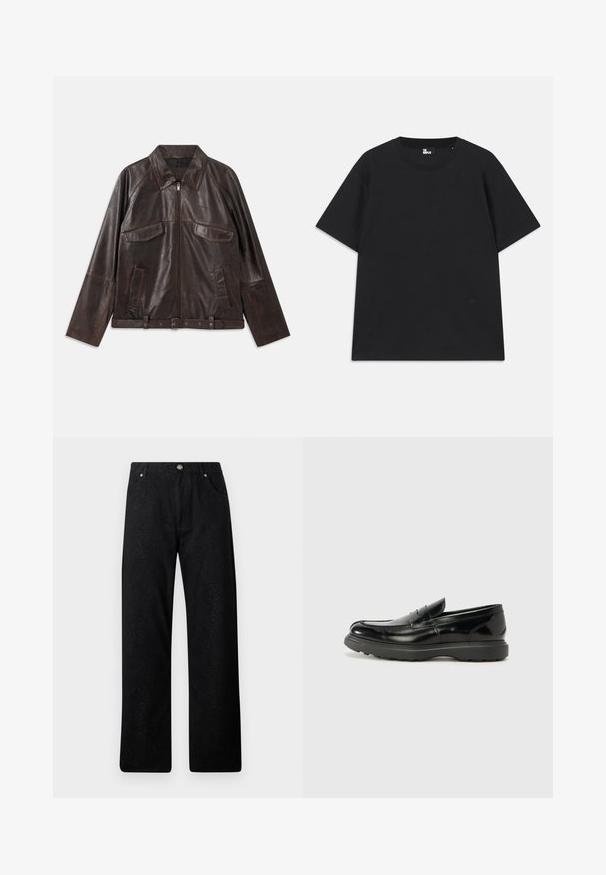 Dark brown leather jacket with front zipper, two chest flap pockets, two side pockets, collar, long sleeves, and adjustable waist belt.; Black short-sleeve t-shirt made of cotton, featuring a round neckline and a small logo detail near the hem. Smooth texture, regular fit.; Black pants with a textured snakeskin pattern, featuring a straight leg cut, two front pockets, and metal button closure.; Black leather loafer with a glossy finish, rounded toe, subtle stitching details, and a thick rubber sole for durability.
