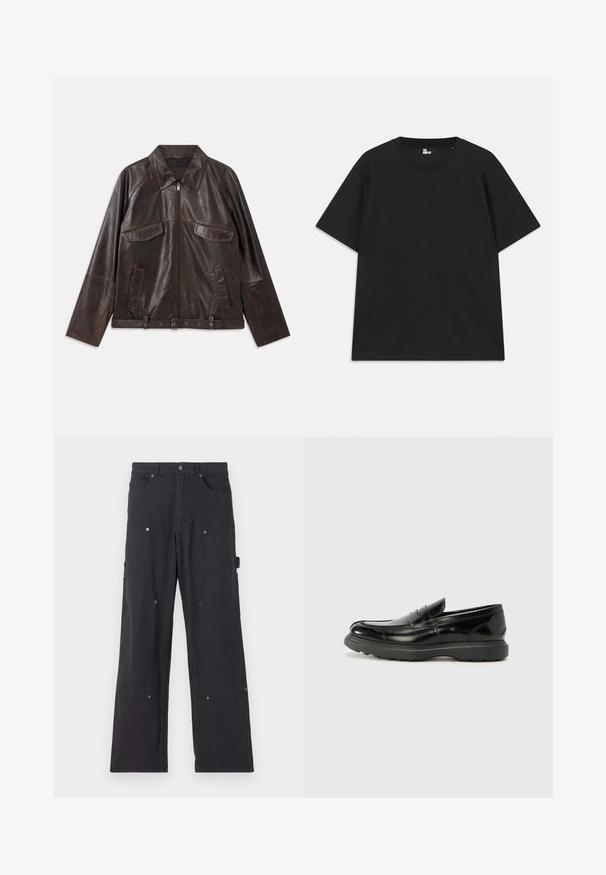 Tmavě hnědá kožená bunda s předním zipem, dvěma náprsními kapsami s klopami, dvěma bočními kapsami, límcem, dlouhými rukávy a nastavitelným opaskem v pase.; Černé tričko s krátkým rukávem z bavlny, s kulatým výstřihem a malým logem poblíž lemu. Hladká textura, běžný střih.; Černé cargo kalhoty vyrobené z odolného materiálu se střihem rovného nohavicí, vyznačující se předními kapsami, patentkami a bočními kapsami pro užitek.; Černé kožené mokasíny s lesklým povrchem, kulatou špičkou, nenápadnými švy a silnou gumovou podrážkou pro odolnost.