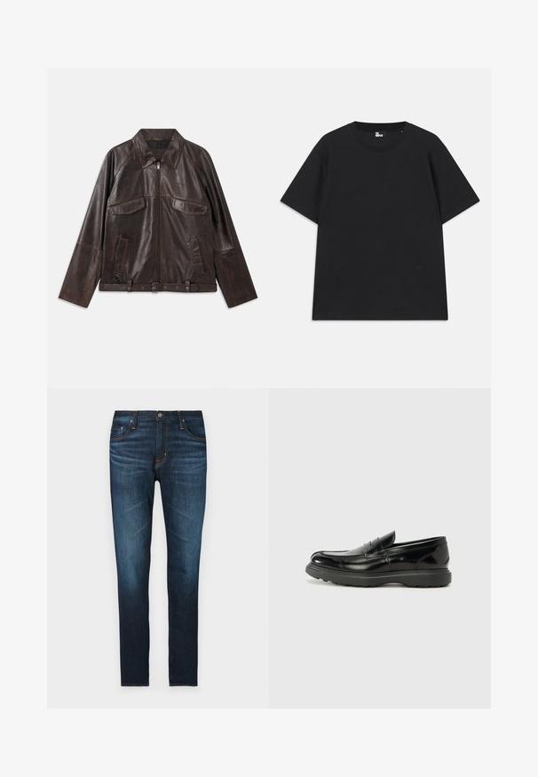 Chaqueta de cuero marrón oscuro con cremallera frontal, dos bolsillos de solapa en el pecho, dos bolsillos laterales, cuello, mangas largas y cinturilla ajustable.; Camiseta de algodón de manga corta en color negro, con cuello redondo y un pequeño logo cerca del dobladillo. Textura suave, corte regular.; Jeans de denim azul oscuro con corte recto, que cuentan con cinco bolsillos, detalles de costura en naranja y una textura suave.; Mocasín de cuero negro con un acabado brillante, punta redondeada, detalles de costura sutiles y una suela de goma gruesa para mayor durabilidad.