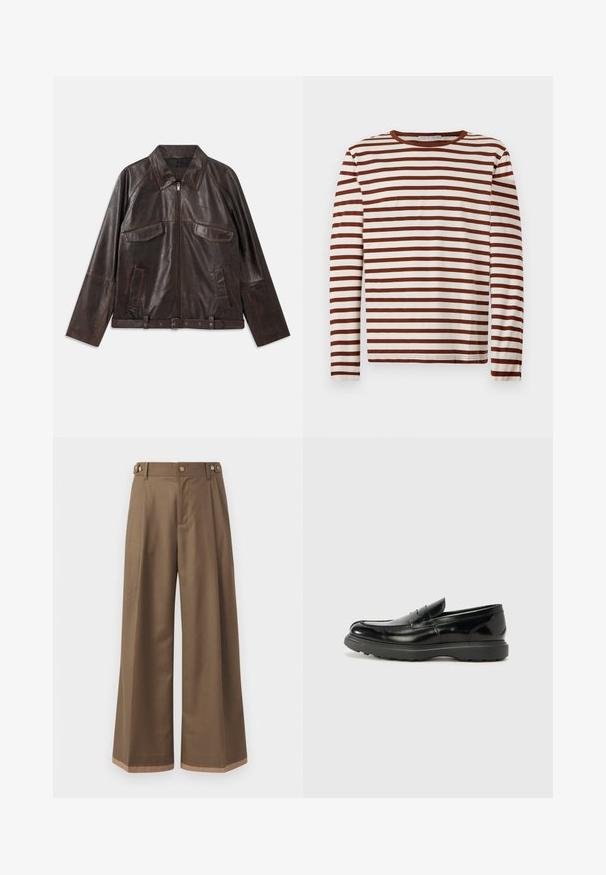 Temno rjava usnjena jakna z sprednjim zadrgo, dvema žepoma na prsih s poklopcem, dvema stranskima žepoma, ovratnikom, dolgimi rokavi in nastavljivim pasom.; Majica s dolgimi rokavi in krojnim ovratnikom z vodoravnimi rjavimi in belimi črtami, narejena iz mehke tkanine, položena na svetlem ozadju.; Hlače širokih nogavic v temno rjavi tkanini, z dvema stranskima žepoma, dvema dekorativnima sprednjima gumboma in podrobnostjo kontrastne obrobe.; Črne usnjene loafer čevlje z sijajno obdelavo, okroglo špico, subtilnimi šivi in debelim gumijastim podplatom za trajnost.