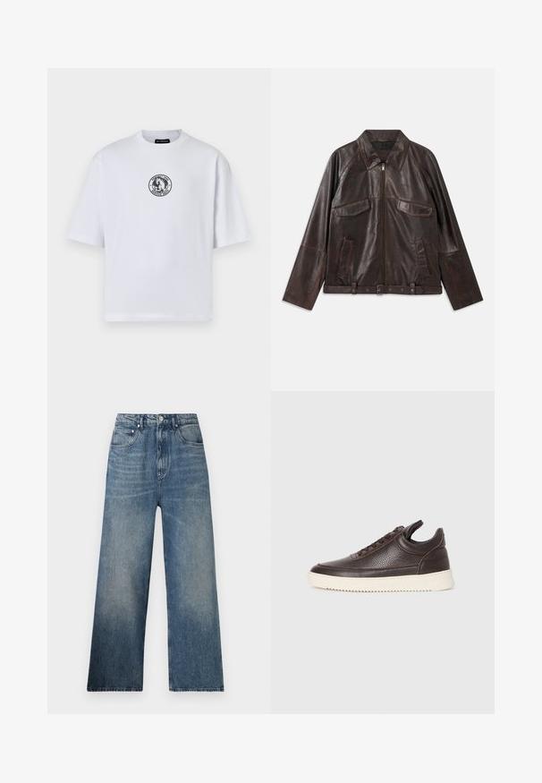 Jaqueta de couro castanho escuro com fecho frontal, duas bolsos de aba no peito, dois bolsos laterais, gola, mangas longas e cinto ajustável na cintura.; Camiseta branca de algodão com mangas curtas, apresentando um logótipo gráfico preto circular na frente. Design de gola redonda, ajuste descontraído.; Jeans de ganga azul de perna larga com cintura alta, apresentando um desbotamento subtil, cinco bolsos e um fecho de botão metálico na frente.; Sapatilha de couro texturado castanho escuro com atacadores à frente e sola de borracha branca estriada sobre um fundo claro.