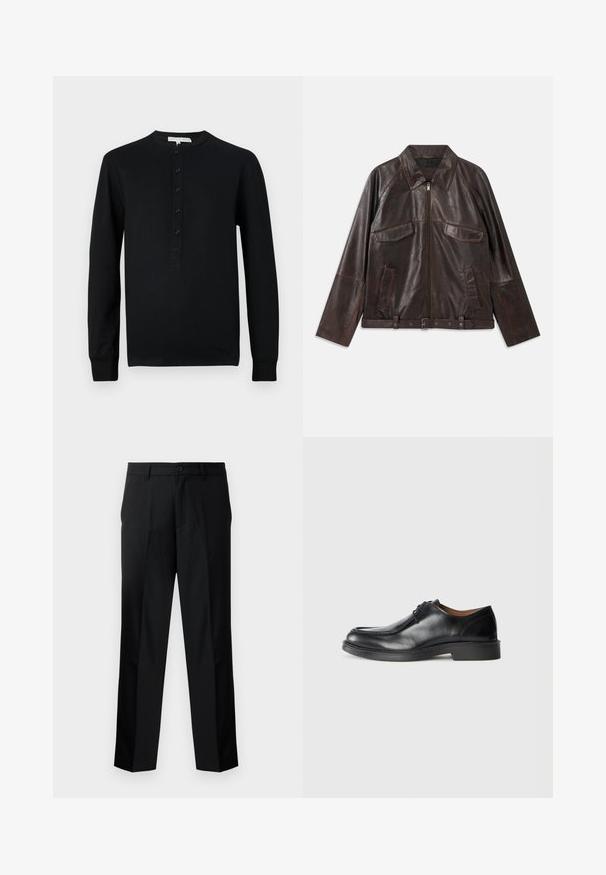 Dunkelbraune Lederjacke mit Frontreißverschluss, zwei Brustklappentaschen, zwei Seitentaschen, Kragen, langen Ärmeln und verstellbarem Taillengürtel.; Schwarzes Langarm-Henley-Shirt aus weichem Baumwollstoff, mit rundem Halsausschnitt, vorderer Knopfleiste und eng anliegenden Bündchen.; Schwarze, maßgeschneiderte Hosen mit geradem Schnitt, ausgestattet mit einem Knopfverschluss, Reißverschluss und Gürtelschlaufen. Glatter Stoff mit seitlichen Taschen.; Schwarze Leder-Dressschuhe mit abgerundetem Zehenbereich, glatter Oberfläche, Schnürdetails und einer niedrigen, strukturierten Gummisohle. Saubere Linien und minimalistisches Design.