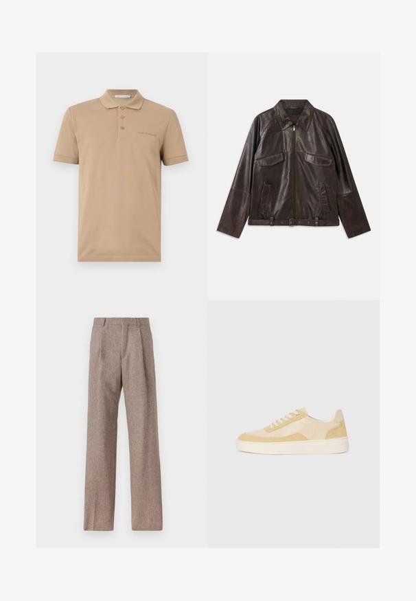 Σκούρο καφέ δερμάτινο μπουφάν με μπροστινό φερμουάρ, δύο τσέπες με καπάκι στο στήθος, δύο τσέπες στα πλάγια, γιακά, μακριά μανίκια και ρυθμιζόμενη ζώνη στη μέση.; Μπεζ πόλο πουκάμισο με τριπλό κουμπί, κοντά μανίκια και κεντημένο λογότυπο στο στήθος. Κατασκευασμένο από απαλό βαμβακερό ύφασμα.; Καφέ παντελόνι με ψηλή μέση από υφαντό ύφασμα. Διαθέτει φαρδιές καβάτζες και δύο μανίκια μπροστά για δομή. Καθαρή φινίρισμα χωρίς ορατό εξοπλισμό.; Αθλητικά παπούτσια από ανοιχτό κίτρινο σουέτ και δέρμα, με ενισχυμένη σόλα και ραμμένες λεπτομέρειες. Κλασικός σχεδιασμός με κορδόνια και στρογγυλή μύτη.