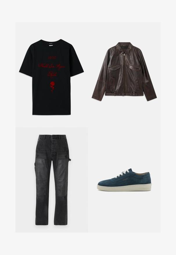 Dark brown leather jacket with front zipper, two chest flap pockets, two side pockets, collar, long sleeves, and adjustable waist belt.; Black cotton t-shirt featuring red text: "10/10 Would Sin Again" and a rose graphic. Simple crew neck design, short sleeves.; Black denim trousers with contrasting black leather panel accents, straight leg design, and subtle distressed detailing on the fabric.; Blue suede sneaker with a rounded toe, white laces, and a rubber sole. Features subtle stitching and a branded accent on the side.