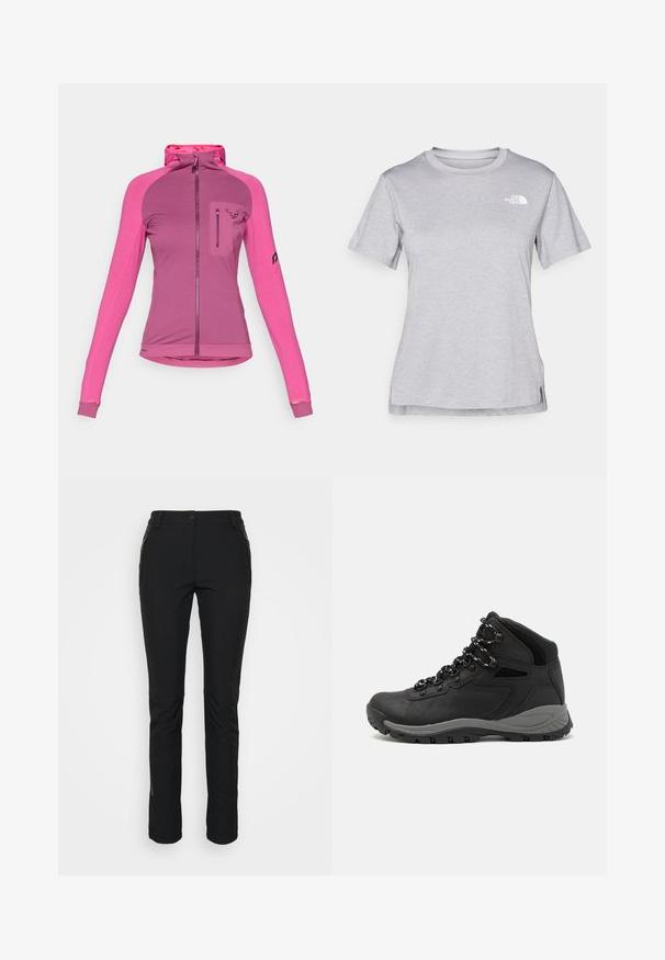 Prilegajoča jakna z zadrgo v treh odtenkih roza, ki ima visok ovratnik, odprtine za palce ter žep na prsih z zadrgo in logotipom.; Siva kratka majica s kratkimi rokavi, izdelana iz mehkega, vlago odvračajočega materiala. Ima okroglo izrez in majhen bel logotip na zgornji levi strani.; Črne, raztegljive, vodoodporne hlače slim fit. Imajo dva žepa z zadrgo na straneh in ojačane kolenske dele. Gladka tekstura.; Črne pohodniške čevlje z srednje visokim dizajnom, ki imajo teksturirano zgornji del, sivi dodatki in vzdržljiv gumen podplat s protizdrsnimi izboklinami.