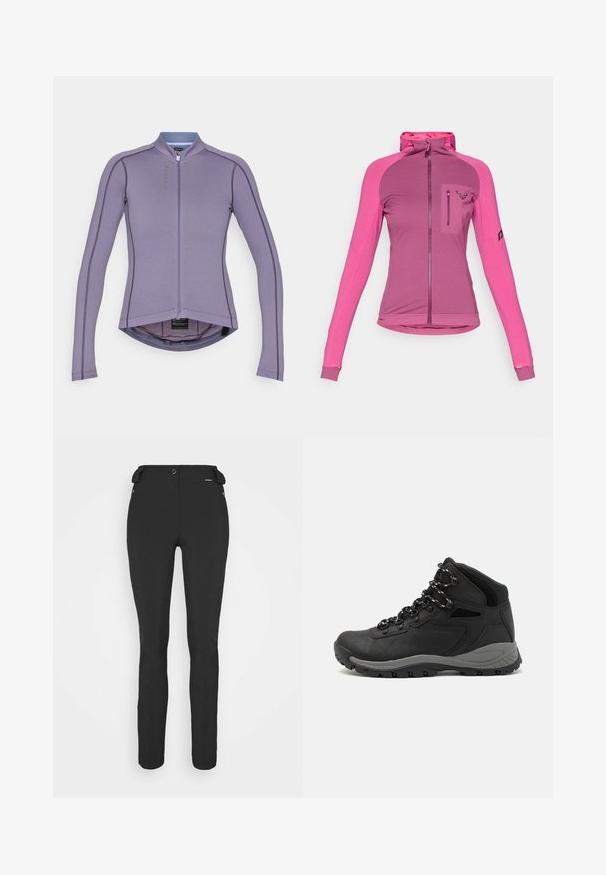 Pielāgota jakas ar rāvējslēdzēju trīs rozā toņos, ar augstu apkakli, pirkstu atverēm un rāvējslēdzēju krūšu kabatu ar logotipa detalizāciju.; Purpura ilga piedziņas krekls ar augstu apkakli, priekšējo rāvējslēdzēju un kontrastējošiem šuvēm. Iespējas ietver noapaļotu malu un elpojošu audumu.; Melni, pieguļoši bikses, izgatavotas no elastīga materiāla. Iespējas ietver rāvējslēdzēju sānu kabatu, ar artikulētām ceļgaliem un gludu tekstūru.; Melni pārgājienu zābaki ar vidēju augstumu, ar teksturētu augšdaļu, pelēkiem akcentiem un izturīgu gumijas zoli ar saķeres izvirzījumiem.