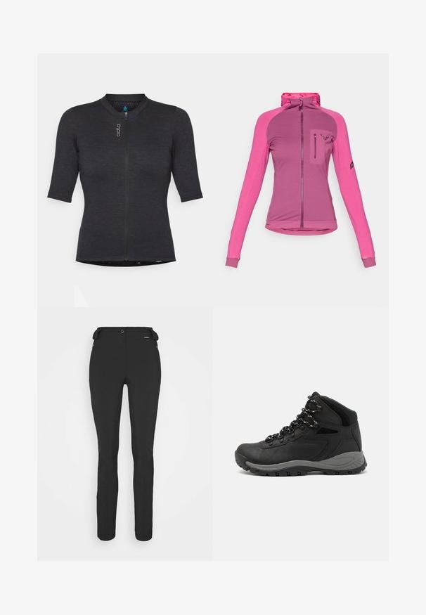 Soevitatud lukuga jakk kolme roosa tooni variandis, millel on kõrge krae, sõrmeaugud ja lukuga rinna tasku, millel on logo detail.; Lühikeste varrukatega must spordisärk, mis on valmistatud tekstuuriga kangast; sellel on ees tõmblukk ja ümar kaelus koos peene logo detailiga.; Mustad, hästi istuvad püksid, mis on valmistatud paindlikust materjalist. Omadusteks on lukuga küljetasku, artikeeritud põlved ja sile pind.; Mustarjaline matkasaabas, millel on keskmine disain, tekstuuriga ülemine osa, hallid aktsendid ja vastupidav kummist põhi, millel on haardelugesid.