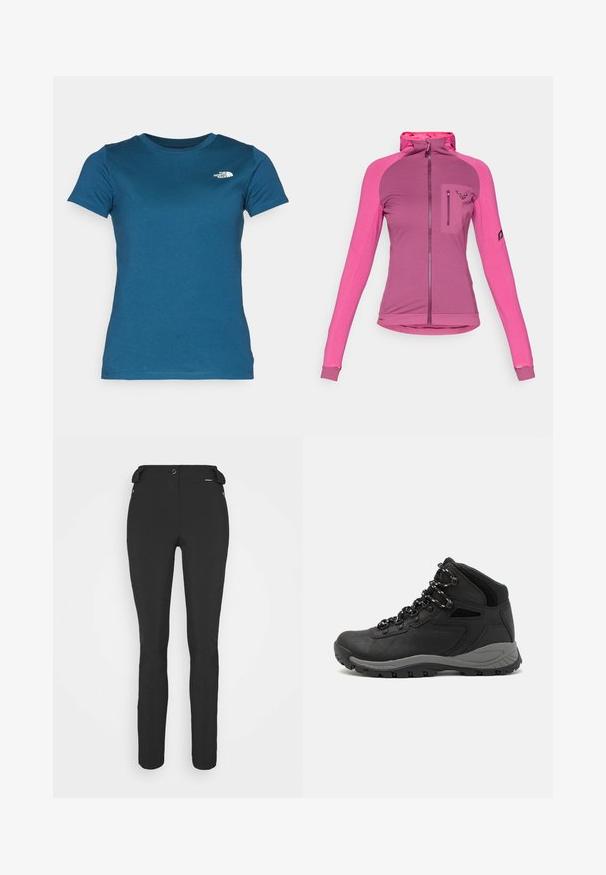 Soevitatud lukuga jakk kolme roosa tooni variandis, millel on kõrge krae, sõrmeaugud ja lukuga rinna tasku, millel on logo detail.; The North Face W SS SD SLIM TEE - Lihtne T-särk - midnight petrol; Mustad, hästi istuvad püksid, mis on valmistatud paindlikust materjalist. Omadusteks on lukuga küljetasku, artikeeritud põlved ja sile pind.; Mustarjaline matkasaabas, millel on keskmine disain, tekstuuriga ülemine osa, hallid aktsendid ja vastupidav kummist põhi, millel on haardelugesid.