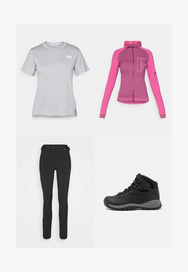 Tettsittende jakke med glidelås i tre nyanser av rosa, med høy krage, tommelhull og en glidelåslomme på brystet med logo-detalj.; Grå kortermet t-skjorte laget av myk, fukttransporterende stoff. Har en rund hals og en liten hvit logo på øvre venstre side.; Svart, tettsittende bukser laget av et fleksibelt materiale. Funksjoner inkluderer en glidelåslukket sidelomme, artikulerte knær og en glatt tekstur.; Sorte turstøvler med mid-topp design, som har en teksturert overdel, grå detaljer og slitesterk gummisåle med godt grep.
