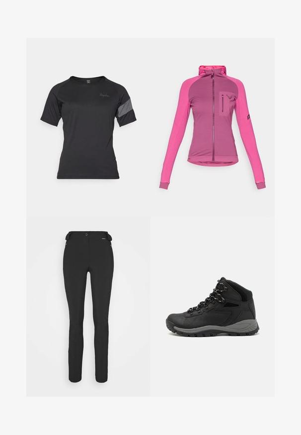 Feszes, cipzáras dzseki három árnyalatú rózsaszínben, magas gallérral, hüvelyujjnyílásokkal és logós cipzáras mellzsebbel.; Fekete, rövid ujjú sportpóló, nedvességelvezető anyagból készült, szürke textúrájú díszítéssel a vállon és diszkrét márkalogóval.; Fekete, testhezálló nadrág rugalmas anyagból. Jellemzők: cipzáras oldalzseb, artikulált térdek és sima felület.; Fekete túracipő közepes magasságú kialakítással, texturált felsőrésszel, szürke részletekkel és strapabíró gumitalppal, amelynek tapadós kiemelkedései vannak.