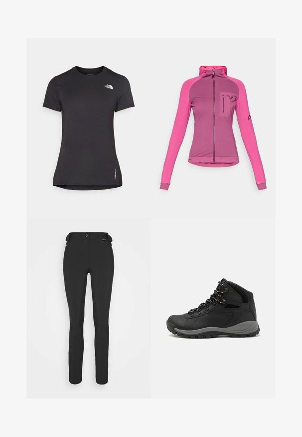 Feszes, cipzáras dzseki három árnyalatú rózsaszínben, magas gallérral, hüvelyujjnyílásokkal és logós cipzáras mellzsebbel.; Fekete sport póló, könnyű, légáteresztő anyagból készült. Rövid ujjú és kerek nyakkivágású. A logó a mellkason található.; Fekete, testhezálló nadrág rugalmas anyagból. Jellemzők: cipzáras oldalzseb, artikulált térdek és sima felület.; Fekete túracipő közepes magasságú kialakítással, texturált felsőrésszel, szürke részletekkel és strapabíró gumitalppal, amelynek tapadós kiemelkedései vannak.
