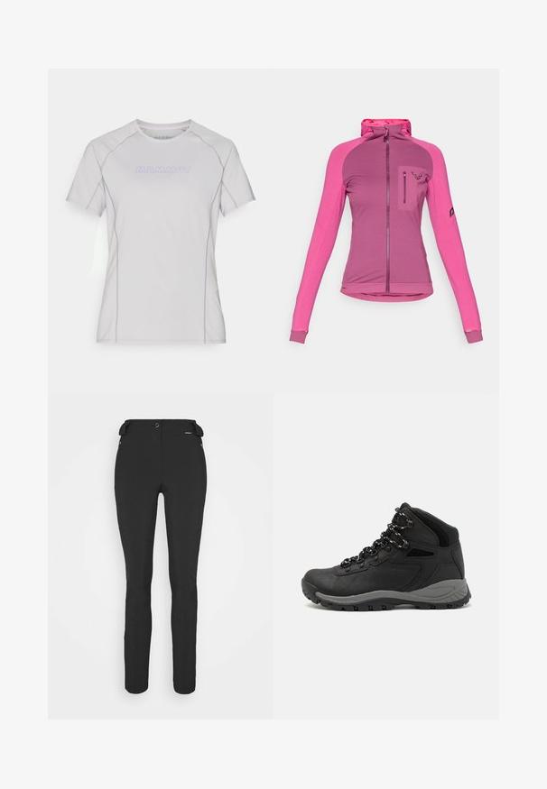Sedučný zipsový kabátik v troch odtieňoch ružovej, s vysokým golierom, otvormi na palce a zipsovou náprsní kapsou s logom.; Svetlo šedá tričko s krátkym rukávom a okrúhlym výstrihom, s fialovými akcentami a logom "MAMMUT" na prednej strane. Mäkká, hladká látka.; Čierne, priliehavé nohavice vyrobené z flexibilného materiálu. Medzi vlastnosti patrí zipsová bočná vrecko, tvarované kolená a hladký povrch.; Čierna turistická obuv s polovičným strihom, s textúrovaným zvrškom, šedými akcentmi a odolnou gumovou podrážkou s protišmykovými hrebienkami.