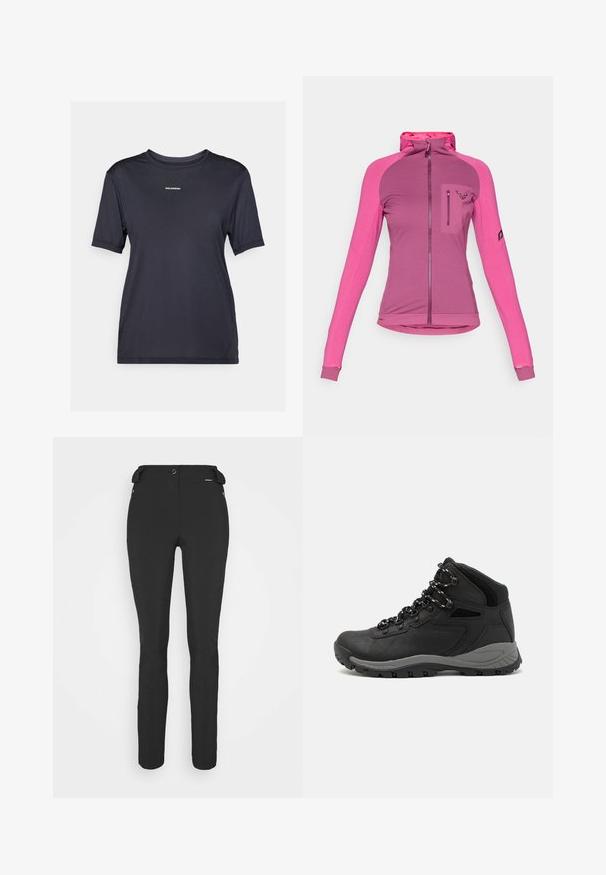 Feszes, cipzáras dzseki három árnyalatú rózsaszínben, magas gallérral, hüvelyujjnyílásokkal és logós cipzáras mellzsebbel.; Fekete, rövidujjú sportpóló könnyű anyagból, kerek nyakkivágással és egy kis márkajelzéssel az elején.; Fekete, testhezálló nadrág rugalmas anyagból. Jellemzők: cipzáras oldalzseb, artikulált térdek és sima felület.; Fekete túracipő közepes magasságú kialakítással, texturált felsőrésszel, szürke részletekkel és strapabíró gumitalppal, amelynek tapadós kiemelkedései vannak.