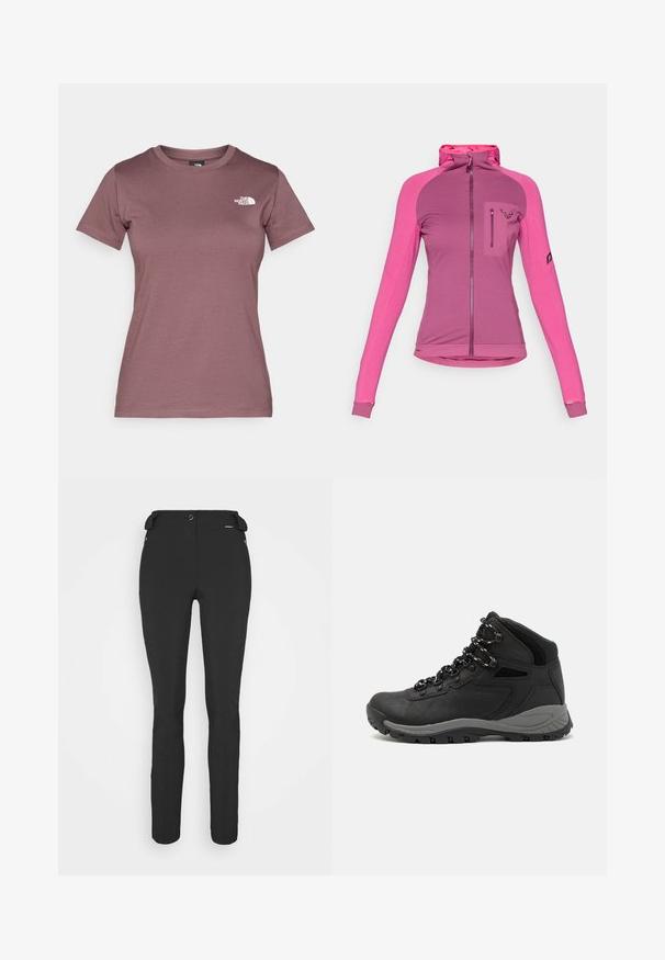 Casaco ajustado com fecho éclair em três tonalidades de rosa, apresentando um colarinho alto, buracos para os polegares e um bolso no peito com fecho éclair e detalhe do logotipo.; T-shirt de manga curta e decote redondo na cor mauve suavizada, feito de tecido macio com um pequeno logo branco no lado esquerdo do peito. Textura suave.; Calças pretas, ajustadas, feitas de um material flexível. As características incluem um bolso lateral com fecho éclair, joelhos articulados e uma textura suave.; Bota de caminhada preta com design de cano médio, apresentando um upper texturizado, detalhes cinzentos e sola de borracha durável com cravos de tração.