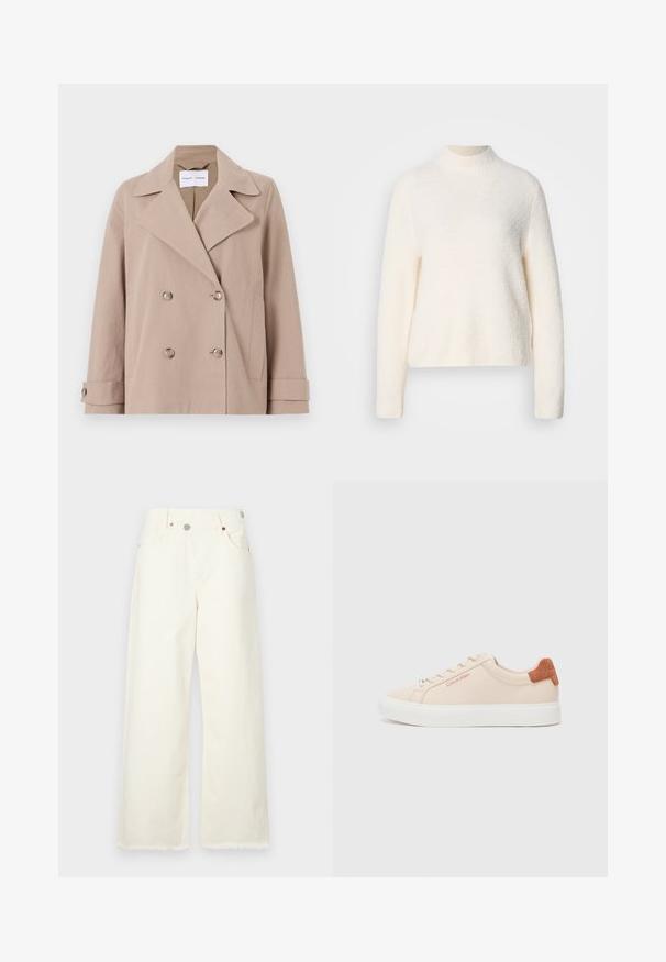 Bež jakna s dvostrukim kopčanjem izrađena od mješavine pamuka, s velikim reverima, dva prednja džepa i rukavima s gumbima.; Pulover boje kreme s visokim ovratnikom, dugim rukavima i teksturiranim, mekanim završetkom. Ima malo skraćenu dužinu rubova.; Široke, krem boje traperice od denima, s visokim strukom, pet džepova i sirovim rubom za ležeran fit.; Svijetlo ružičasti tenisice s glatkom kožnom gornjom, bijelim gumeni potplatom i smešim anilinskim đonom; Calvin Klein logo u crvenoj boji.