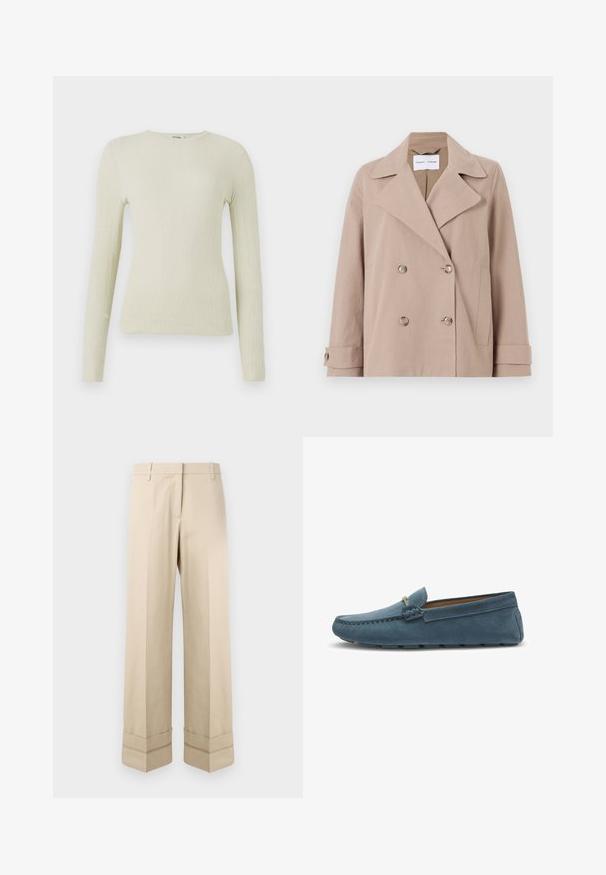 Beige Doppelreiherjacke aus einem Baumwollmischgewebe, mit großen Revers, zwei vorderen Taschen und geknöpften Manschetten.; Langärmliges, eng anliegendes Oberteil aus leicht grünem Textilmaterial mit Rundhalsausschnitt. Glatte Oberfläche mit feinen Rippungen, keine sichtbaren Beschläge oder Akzente.; Beige Hosen mit geradem Schnitt, ausgestattet mit einem doppelten Saum am Ende und einem flachen Frontdesign. Hergestellt aus glattem, strapazierfähigem Stoff.; Blaue Wildleder-Slipper mit flacher Sohle, die an den Kanten mit einer gestickten Gestaltung versehen sind und einen dekorativen Metallelement an der Vorderseite besitzen.