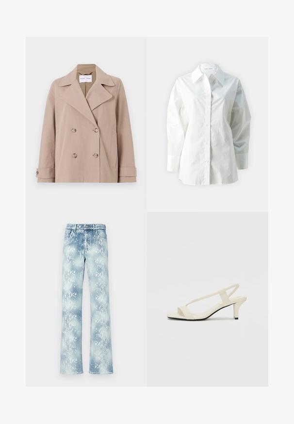 Chaqueta beige de corte cruzado hecha de una mezcla de algodón, con grandes solapas, dos bolsillos frontales y puños abotonados.; Camisa blanca de manga larga hecha de algodón, con cuello puntiagudo, botones en la parte delantera y un corte holgado con hombros estructurados.; Jeans de piel de serpiente de color azul claro con un corte relajado, que cuentan con una cinturilla clásica, cremallera y dobladillos deshilachados.; Sandalias de tacón cuadrado en color beige con tiras delgadas y punta cuadrada. Material suave con un diseño minimalista, diseñado para facilitar su uso.