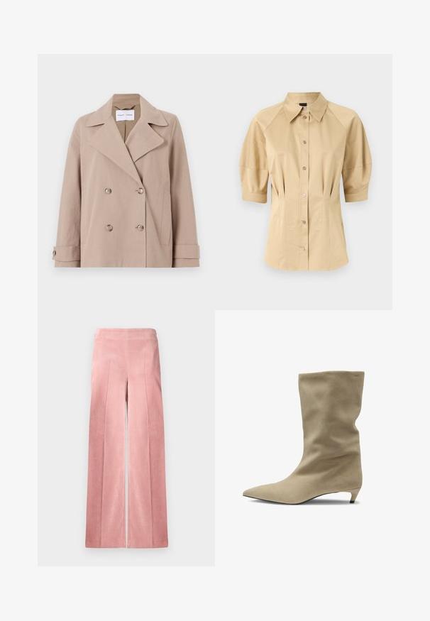 Beige, dobbeltræsset jakke lavet af en bomuldsblanding, med store revers, to forlommer og knapmanchetter.; Beige skjorte med knaplukning, korte puffærmer, spredt krave og sømdetaljer. Lavet af glat stof med frontknaplukning.; Blege lyserøde, vide corduroy bukser med lodrette ribber og en tætsiddende talje. Glat tekstur med en afslappet silhuet.; Beige ruskindsankelstøvle med spidse tæer, blød tekstur og skrådesignet. Har en lav, afrundet hæl og minimal brandingdetalje.