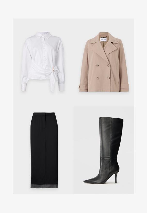 Béžové dvojradové sako vyrobené z bavlneno-polyesterovej zmesi, s veľkými reverzami, dvoma prednými vreckami a gombíkovými manžetami.; Biela košeľa s dlhými rukávmi à s viazaním v páse, vyrobená z ľahkej bavlny.; Čierna dlhá sukňa vyrobená z hladkej tkaniny. Má rovný strih s jemným priesvitným lemom, upraveným pásom a detailom rozparku na zadnej strane.; Čierne kožené čižmy po kolená s špicatou špičkou a štíhlou stiletto podpisom, hladká textúra, bočný profil na neutrálnom pozadí.
