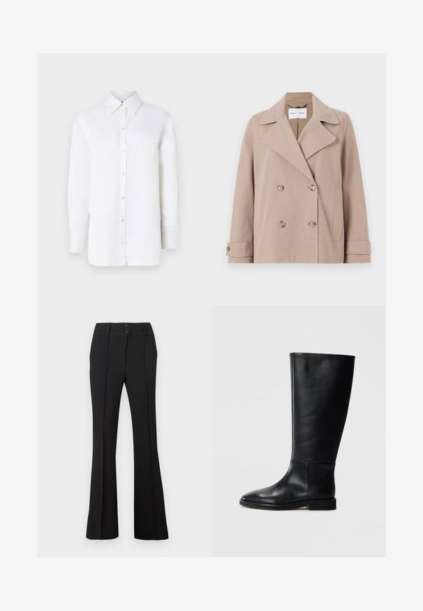 Giacca beige doppiopetto realizzata in tessuto misto cotone, con grandi revers, due tasche anteriori e polsini con bottoni.; Camicia button-up bianca in lino con colletto a punta, maniche lunghe e chiusure con bottoni. Presenta una vestibilità rilassata e una texture liscia.; Pantaloni neri a campana con due bottoni frontali, caratterizzati da un tessuto liscio e testurizzato e cuciture verticali per un aspetto curato.; Stivale in pelle nera al ginocchio con punta arrotondata, texture liscia, design minimalista e suola piatta. Dettagli di cucitura semplici sulla gamba.