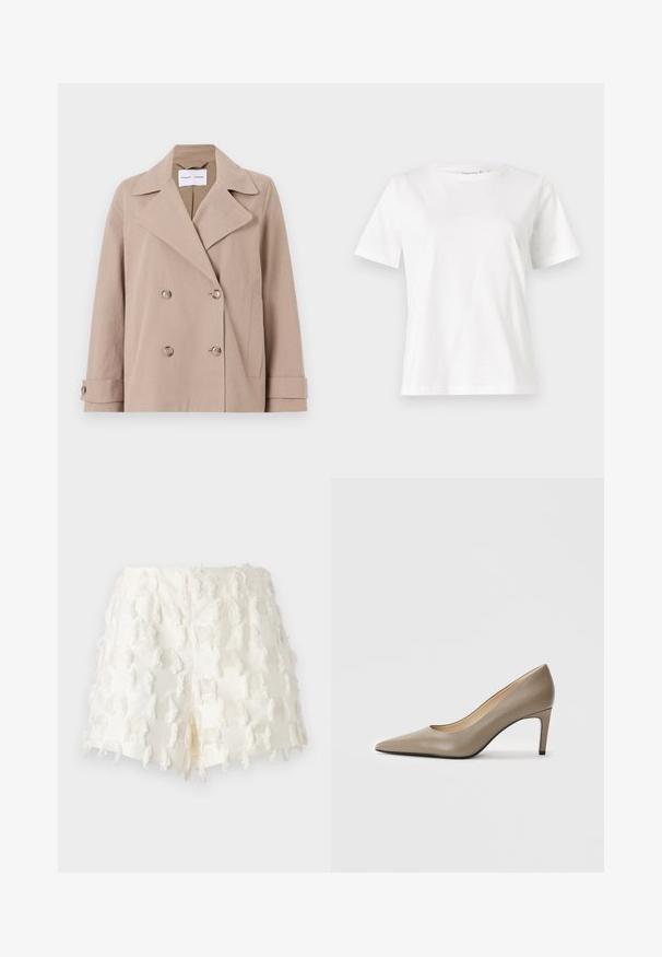 Beige dubbelknäppt jacka gjord av bomullsblandat tyg, med stora slag, två framfickor och knäppbara manschetter.; Vit bomullströja med korta ärmar, rund halsringning och en avslappnad passform. Slät textur, inga mönster eller detaljer, minimalistisk design.; Vita shorts med en texturerad tyg med fransdetaljer och ett intrikat rutmönster. Designen är högmidjad med en fransad avslutning.; Beige läder högklackad sko med spetsig tå och en smal 7 cm klack. Slät yta och minimalistisk design utan synliga dekorationer.