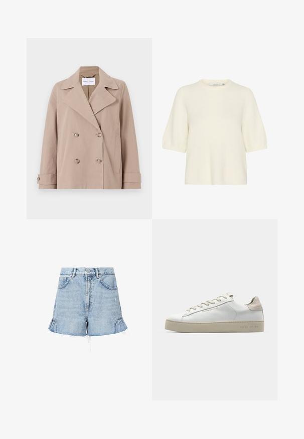 Bež jakna na dvojnici, izdelana iz mešanice bombaža, z velikimi reverji, dvema sprednjima žepoma in zapenjanjem na manšetah.; Pulover s kratkimi rokavi in okroglim izrezom, izdelan iz mehkega, puhastega materiala v off-white barvi. Ima udoben kroj s rebrastimi manšeti in robom.; Sveto modri traper šortsi z raztrganim robom, s stranskimi volani, sprednjimi žepi ter gumbom za zapiranje in zadrgo.; Bela usnjena športna obutev z gladko površino, bež semiš detajli, okroglo prst, ravna vezna zasnova in teksturiran gumijast podplat.