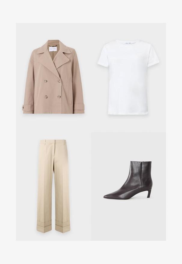 Bež jakna na dvojnici, izdelana iz mešanice bombaža, z velikimi reverji, dvema sprednjima žepoma in zapenjanjem na manšetah.; Bela kratka majica s kratkimi rokavi iz bombaža z obliko okroglega izreza. Gladka struktura in raven kroj, brez vzorcev ali dodatkov.; Bež hlače s ravnim krojem, ki imajo dvojni rob na robu in ravno sprednjo zasnovo. Narejene so iz gladkega, trpežnega materiala.; Črne usnjene gležnjarje s koničastim nosom in nizko mačjo peto, z gladkim površjem, stranskim zadrgo, prikazane na nevtralni podlagi.