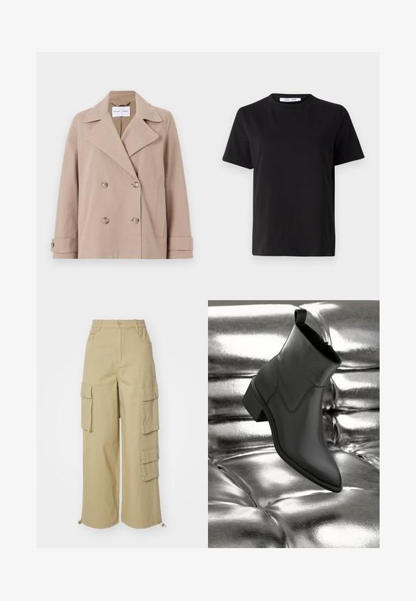 Béžová dvouřadá bunda vyrobená z bavlněné směsi, s velkými klopami, dvěma předními kapsami a knoflíkovými manžetami.; Černé tričko s krátkým rukávem vyrobené z měkké bavlny, s kulatým výstřihem, volným střihem a hladkým povrchem. Žádné viditelné vzory ani grafika.; Béžové cargo kalhoty se širokými nohavicemi, dvěma velkými bočními kapsami, předními kapsami a šňůrkovým detailem na lemu. Směs bavlny.; Černé kožené kotníkové boty s nízkým podpatkem leží na lesklém, kovově stříbrném zpevněném povrchu, který zdůrazňuje hladkou texturu a elegantní design.