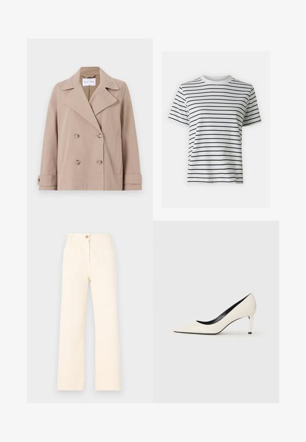 Casaco bege com dois botões, feito de um tecido de mistura de algodão, com lapelas largas, dois bolsos frontais e punhos abotoados.; T-shirt branca de algodão com riscas pretas horizontais, mangas curtas e design de colo redondo. Textura suave com um ajuste descontraído.; Calças largas bege feitas de algodão, com fecho de botão frontal e dois grandes bolsos traseiros. Textura suave e barra acabada.; Sapatilha alta em couro sintético branco com bico fino, salto esbelto e detalhes interiores em preto. Textura suave e design elegante.