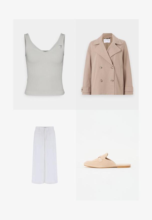 Beige Doppelreiherjacke aus einem Baumwollmischgewebe, mit großen Revers, zwei vorderen Taschen und geknöpften Manschetten.; Hellgraues geripptes Tanktop mit Rundhalsausschnitt, figurbetonter Form und schmalen Schulterträgern; verfügt über ein kleines Logoetikett oben rechts.; Weiße weite Hosen mit glatter Textur, ausgestattet mit zwei vorderen Taschen und einem Knopfverschluss, entworfen für einen lässigen Sitz.; Beige Wildleder Slipper mit geschlossener Zehenpartie, versehen mit einer dekorativen Schnalle und einer flachen Korksohle. Glatte Textur mit minimalistischem Design.